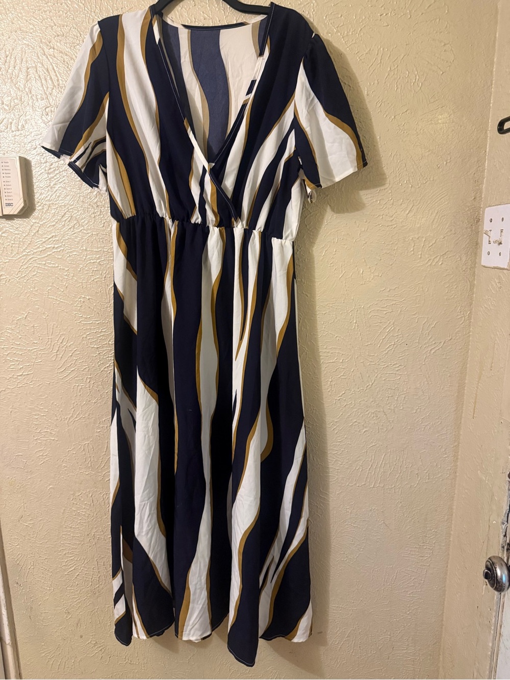 Navy Stripe Wrap Abstract Print V-Neck Midi Dress with Mustard Accent XL